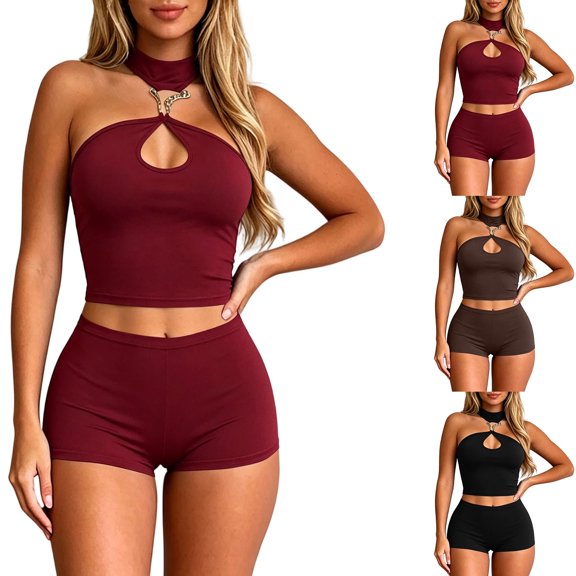 Arlun Women's 2 Piece Outfits Sleeveless Cut out Halter Top Bodycon Mini Shorts Set Y2k Solid Color Stretchy Slim Fitted Summer Matching Sets or Night out Club Party Wear Red S