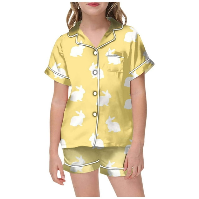 PMVFHDE Pyjamas pour Enfants Filles Pyjamas Imprimés pour Pâques Manches Courtes Bouton Haut Shorts Ensemble de Pyjamas Maison Jaune, 3-4 Ans