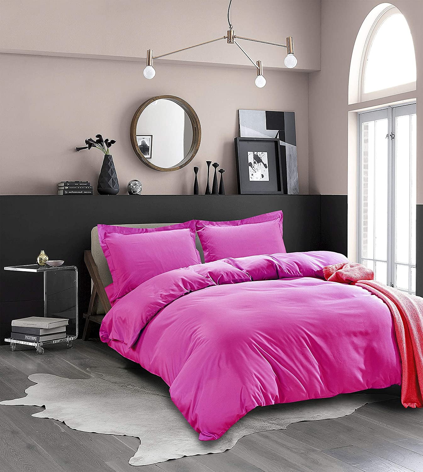 Soft and Cozy Solid Duvet Cover with Matching Sham, Button Closure & Corner Ties, 3-Piece Set, Full/Queen, Hot Pink
