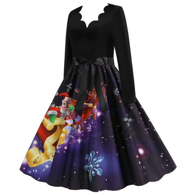 Fridja Robe Vintage Automne Hiver Manches Longues Col en V Années 1950 Femme au Foyer Soirée Bal