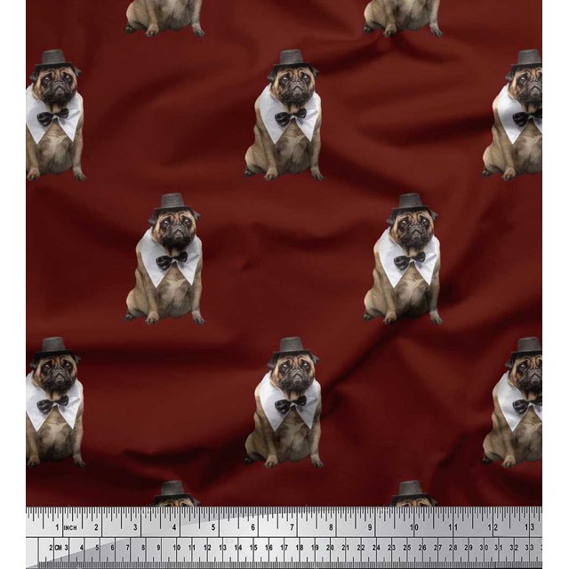 Soimoi Polyester Crepe Fabric Bow,Hat & Pug Dog Decor Fabric Printed Yard 42 Inch Wide