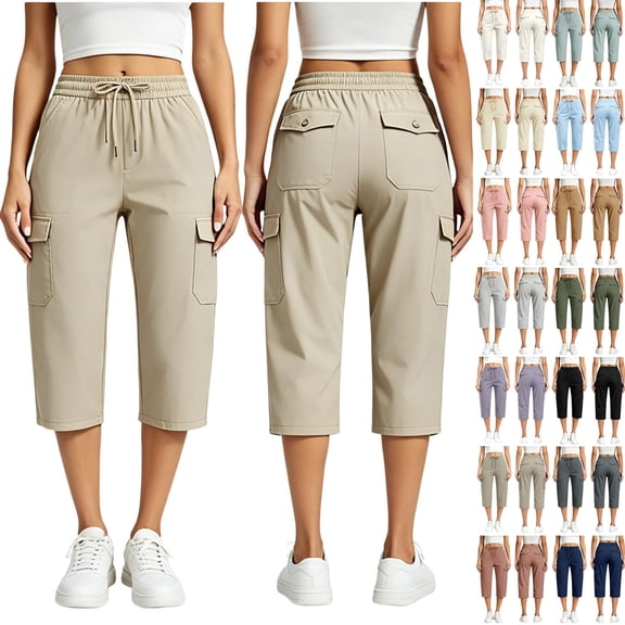 VBVC Women's Cargo Capri Pants with Pockets , Casual Summer Drawstring Knee Length Shorts , Ladies' Lightweight Outdoor Hiking Trousers for Women, Army Green , S-3XL