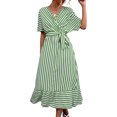 thumbnail image 1 of Vestido maxi de manga corta con estampado de rayas y dobladillo con cinturón y cuello en V para mujer para uso en verano, 1 of 6