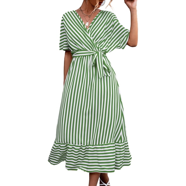 Vestido maxi de manga corta con estampado de rayas y dobladillo con cinturón y cuello en V para mujer para uso en verano