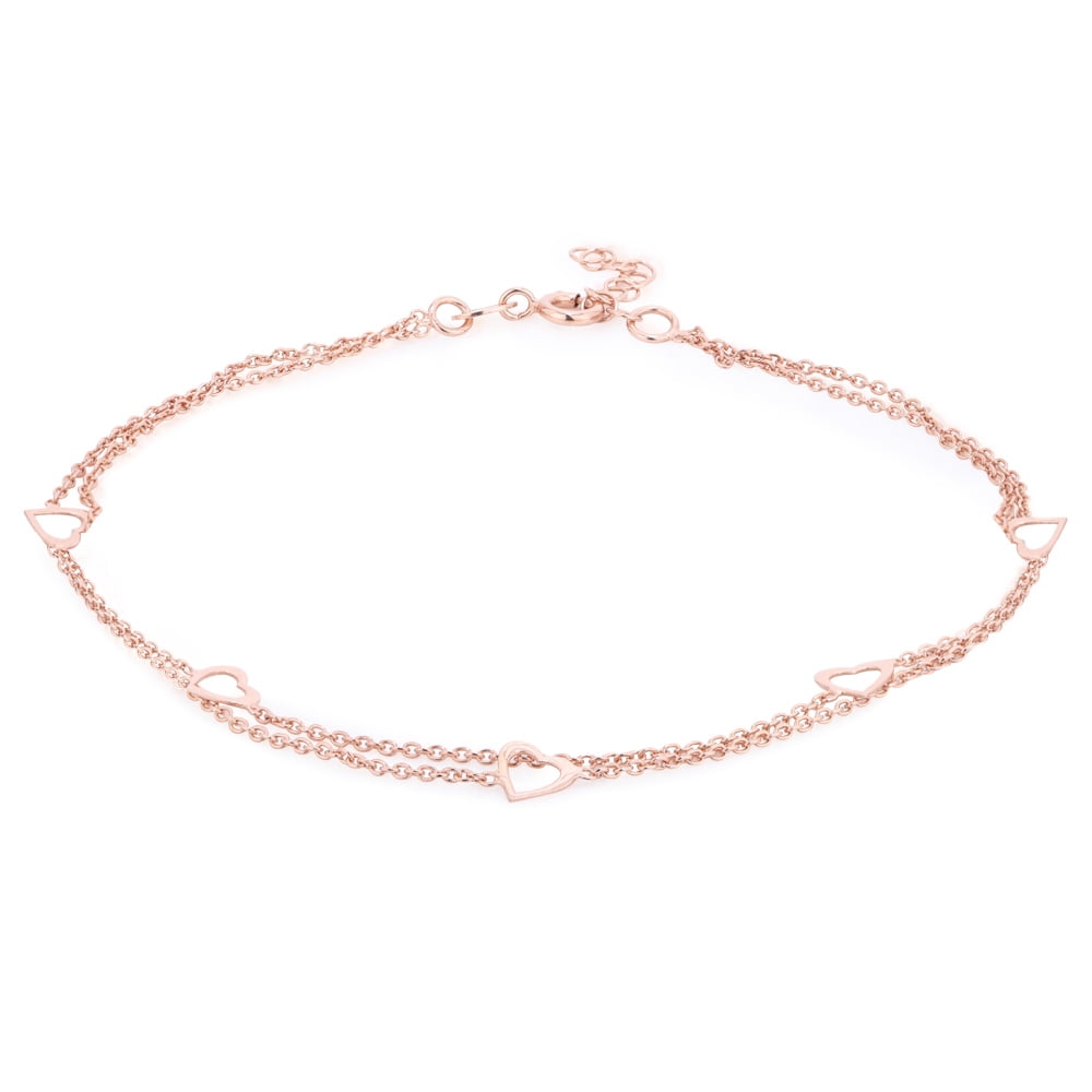 Vanbelle Sterling Silver Jewelry Double Layered Open Heart Charm Anklet with Rose Gold Plating for Women and Girls