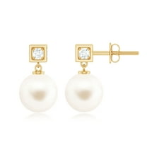 Rosec Jewels Elegant Freshwater Pearl Drop Earrings with Diamond for Women - 8 mm, 14K Yellow Gold