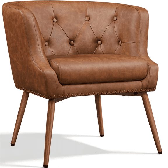 Renwick Modern Button Tufted Faux Leather Barrel Accent Chair,Retro Brown
