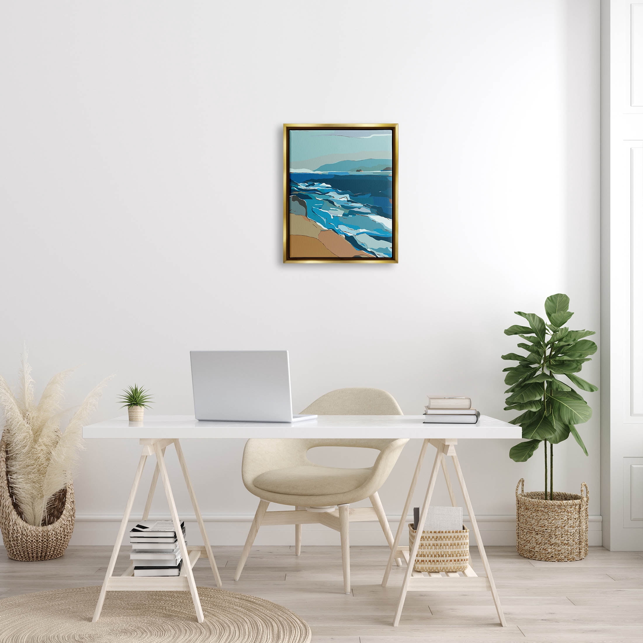 Stupell Industries Contemporary Beach Shore Waves Graphic Art Metallic Gold Floating Framed Canvas Print Wall Art, Design by Nikita Jariwala