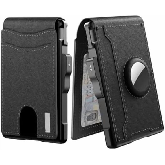 Wallet - With Pop up Aluminum Case Money Clip Slim Leather Slots Credit Card Holder Rfid Blocking Bifold Minimalist Wallets, Trackable Wallets for Men (Black) P