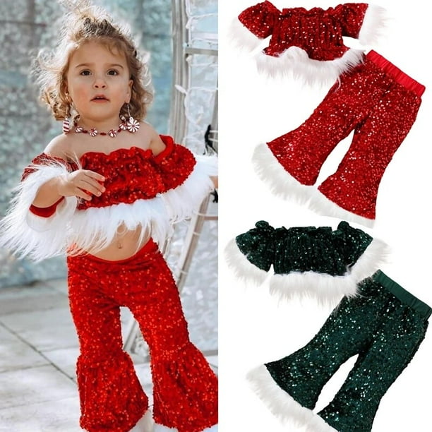 Conjunto de ropa de Navidad para ninas de 1 a 6 anos Cosplay de piel de Papa Noel con lentejuelas camisetas de manga corta con hombros descubiertos y pantalones disfraz para ninos