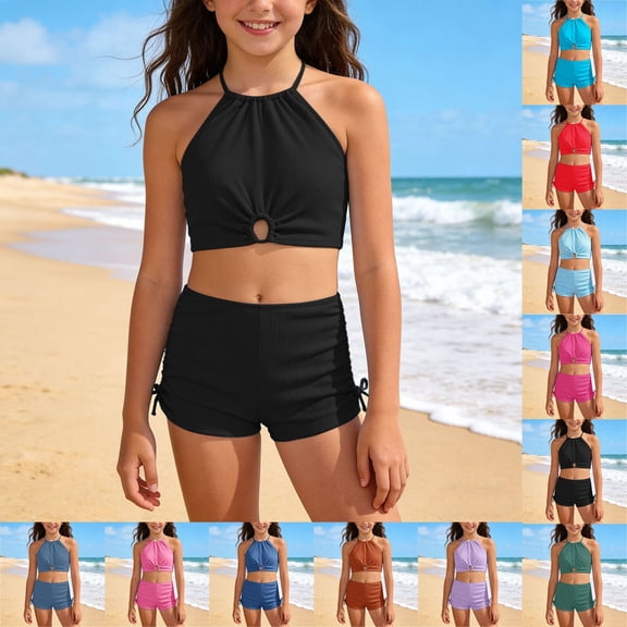 Shadoumai Girls Swimsuits Size 10-12 Cute Ruffle Bikini Sets Drawstring Tankini with Shorts 2-Piece Girls Bathing Suit cover Up Tropical Printed Swimwear with Cover Up Beach Skirt