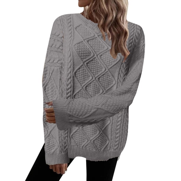 Gibobby Suéter casual mujer, Suéter de Manga Larga de Color sólido para Mujer Suéter Suelto de Cuello Redondo Informal Otoño Invierno Suéter de Punto Tops(Gris,CH)