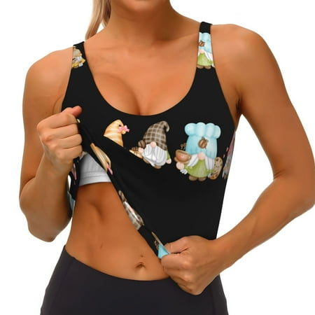 Qokaie Coffee Gnome (2) Pattern Womens Scoop Neck Sports Bra Breathable Workout Vest Padded U Back Medium Impact Fitness Gym Yoga Bra Workout Crop Top
