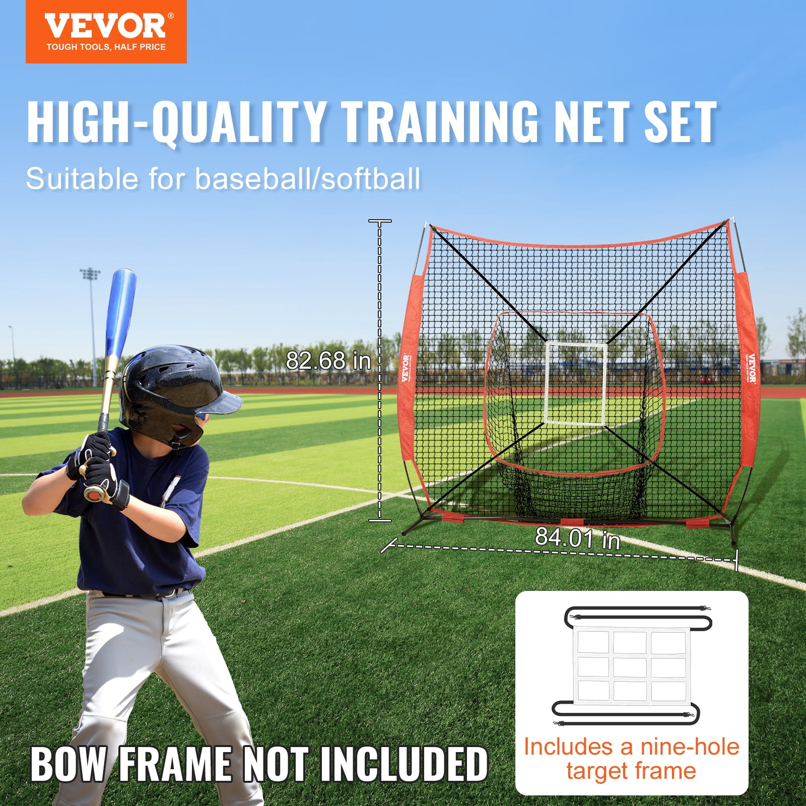 VEVOR 7x7 ft Baseball Softball Practice Net, Portable Baseball Training Net for Hitting Batting Catching Pitching, Backstop Baseball Equipment Training Aids with Strike Zone (Without framework)