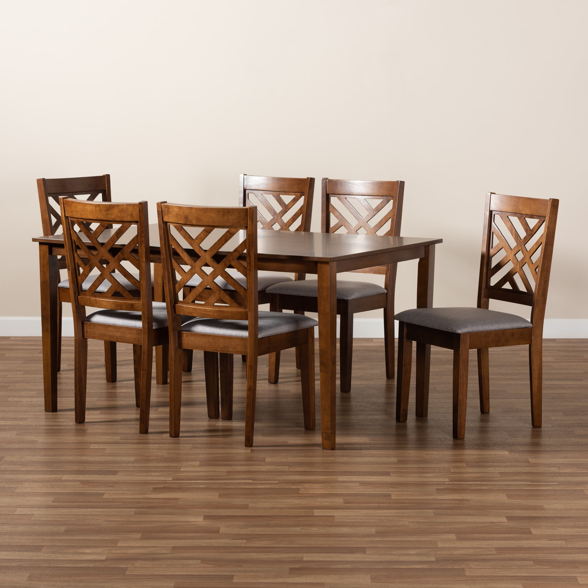Baxton Studio Caron Modern and Contemporary Grey Fabric Upholstered and Walnut Brown Finished Wood 7-Piece Dining Set