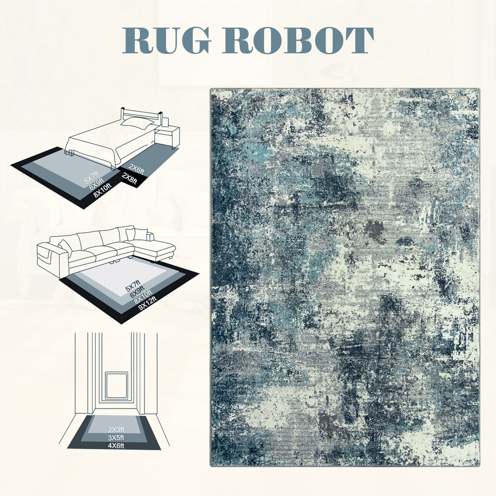 RUG ROBOT 3'x5' Area Rugs for Entryway, Non-Slip Washable Throw Rug, Indoor Soft Modern Abstract Distressed Doormat, Small Rug for Bedroom, Kitchen, Terrace, Balcony, Blue/Gray