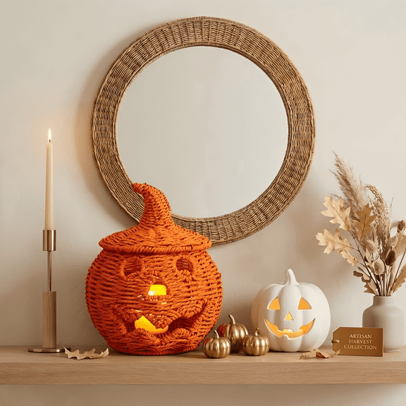 Handwoven Wicker Jack-O'-Lantern with LED Candle - Rustic Rattan Boho Fall Pumpkin Decor, Farmhouse Halloween Tabletop Centerpiece with Lid, 6.3" , Orange