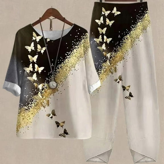 Summer Savings Clearance 2023,AXXD Summer Printed Cropped Top Pants Suit Two Piece Lounge Set Summer Woman Pants Free Shipping Beige 8