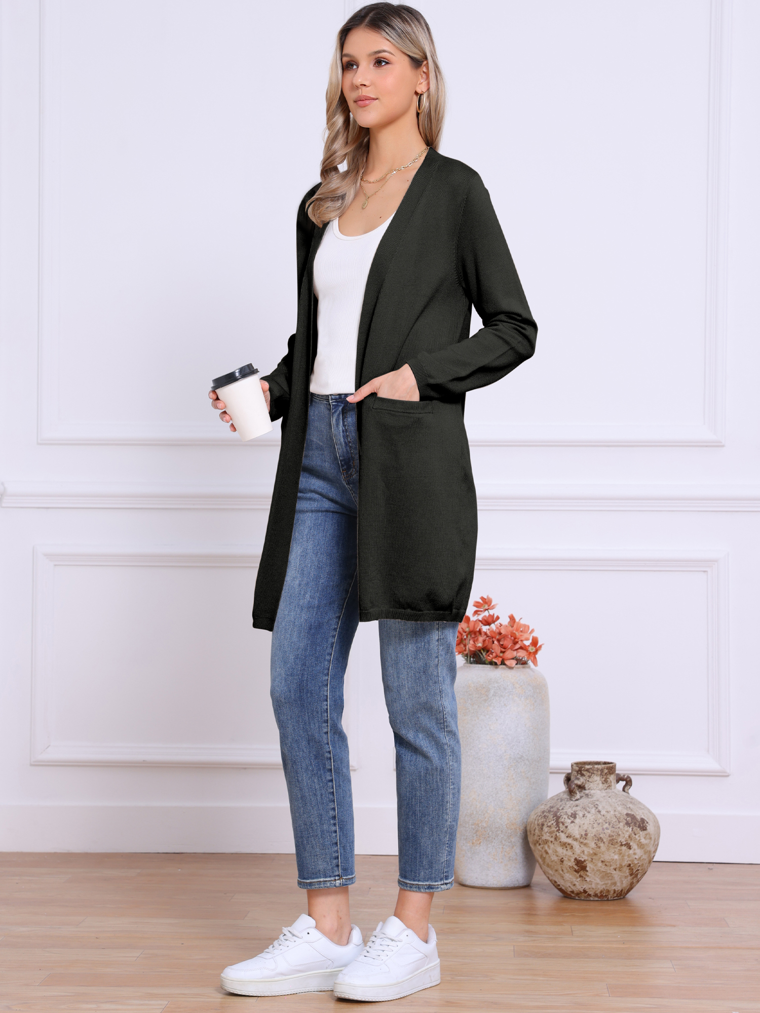DARING DIVA Long Sweater Lightweight Knit Cardigans S Black