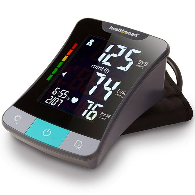 Monitor de presión arterial digital premium HealthSmart con brazalete automático que muestra la presión arterial, el pulso y los latidos irregulares del corazón. Almacena hasta 120 lecturas para 2 usu