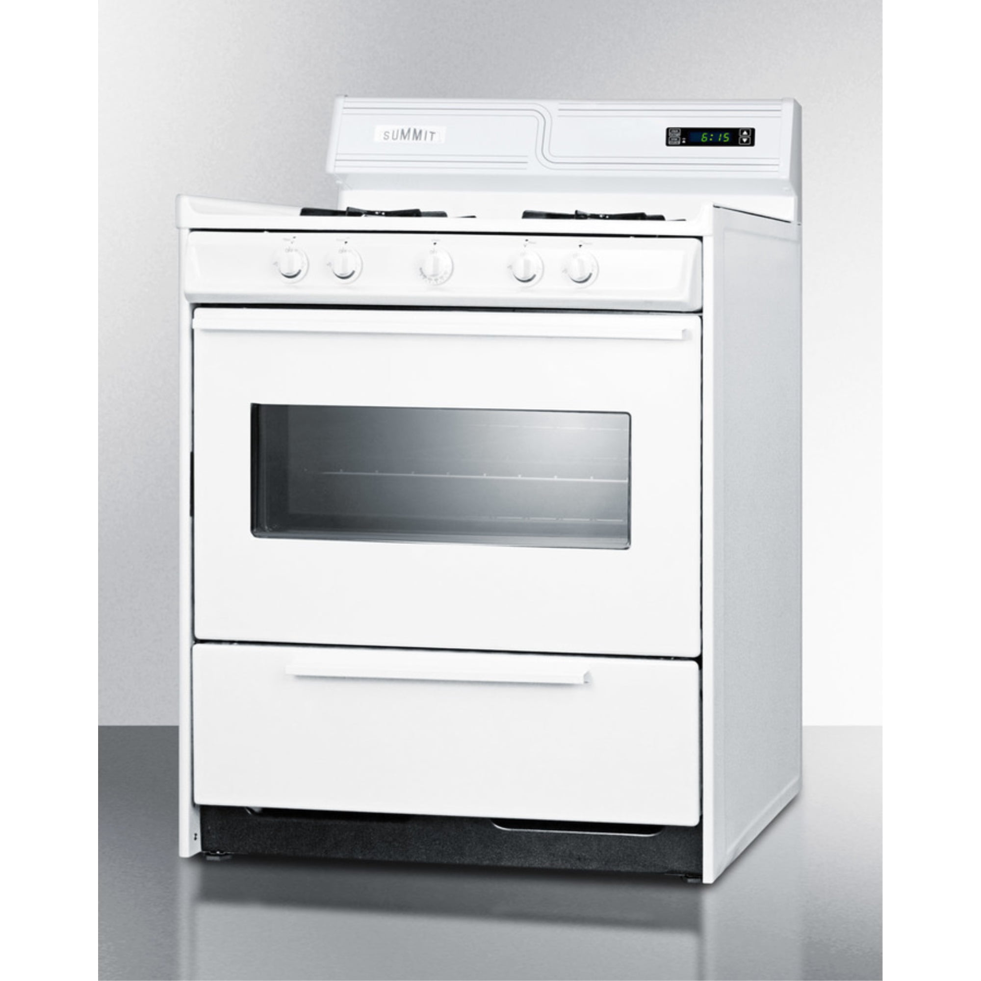 30" wide gas range in white with open burners, oven window, high backguard, and spark ignition