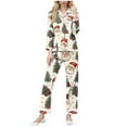thumbnail image 2 of Conjunto de blusa y pantalón de manga larga con estampado de botones y cuello vuelto para mujer, blusa y pantalón de poliéster para mujer, 2 of 9