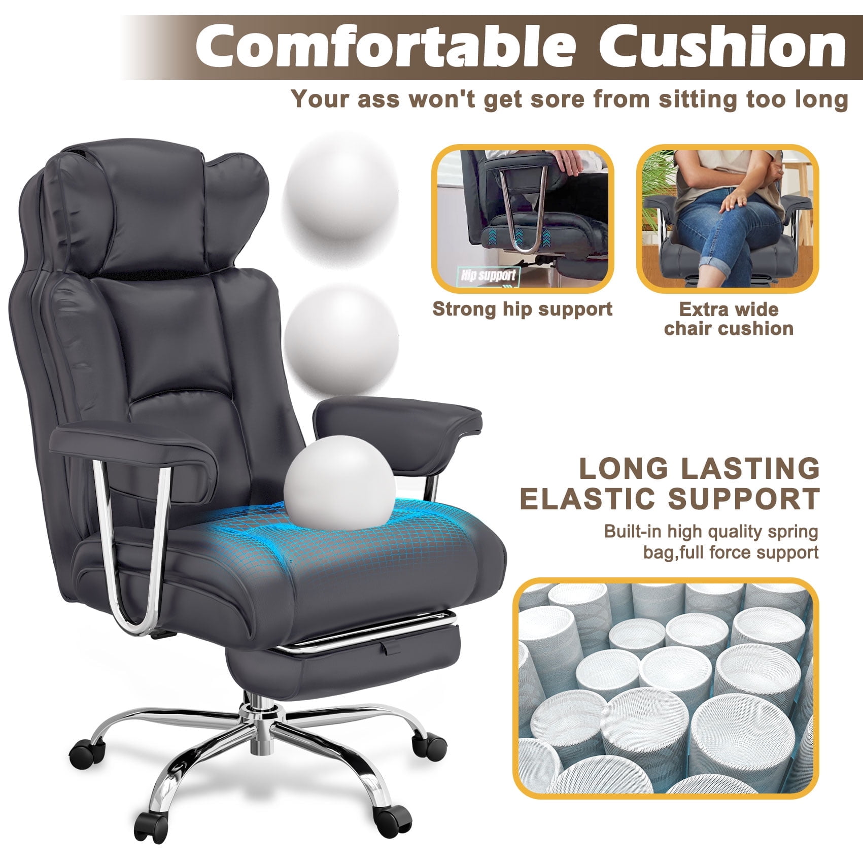 zzw Big and Tall Executive Office Chair, Reclining with Footrest, Adjustable High Back Ergonomic Leather Chair, 400lb Capacity