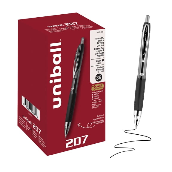 uniball™ 207 Retractable Gel Pens, Medium Point, 0.7mm, Black Ink, 36 Count