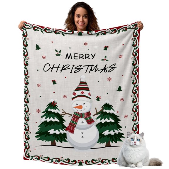 Throw Blanket for Couch, Vintage Christmas Tree Soft Cozy Warm Flannel Blanket 30x40in, Watercolor Snowman on Linen Lightweight Fleece Throw Blankets for Sofa Bedroom Office All Season Use