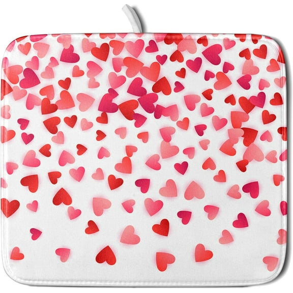 Valentine''s Day Dish Drying Mat for Kitchen Counter Hearts Holiday Microfiber Absorbent Dish Draining Reusable Washable Foldable 16"x18"