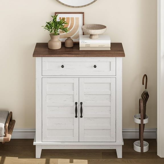 Rustic Storage Cabinet 31.5" Adjustable 3-Tier, Farmhouse Entryway Organizer with Slatted Doors, Waterproof Design for Kitchen, Dining Room, and Home Office