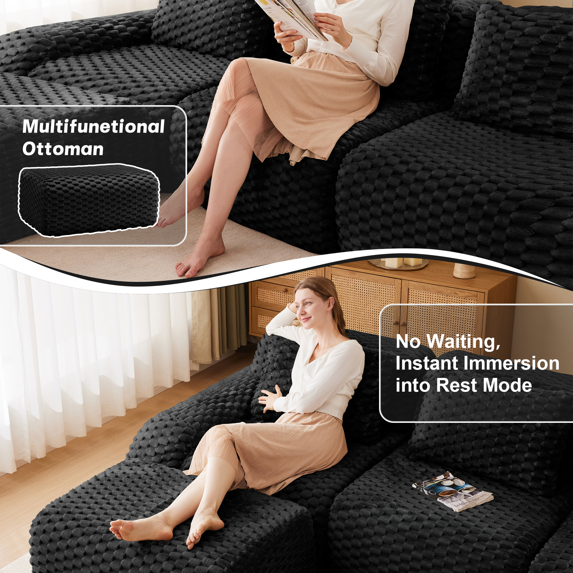 Aukfa 146" U-Shaped Modular Cloud Sectional Sofa, Oversized Deep-Seat 6-Seater Couch with 2 Ottomans, Flannelette Upholstered Boneless Sofa, Black
