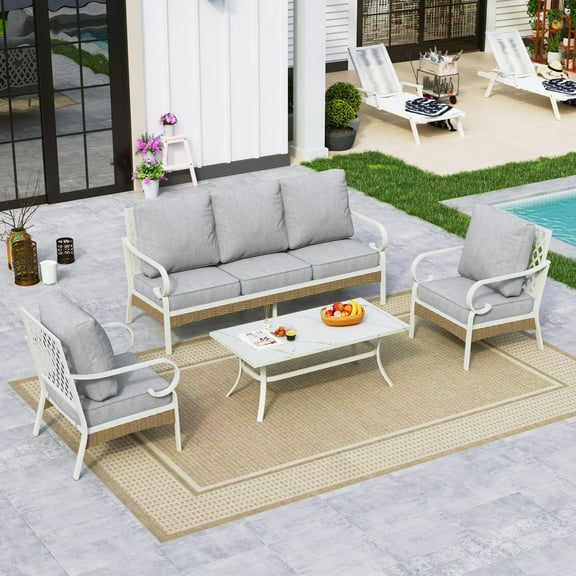 Sophia&William 4 Piece Patio Conversation Set Outdoor Furniture Sofa Set with Fixed Chair, Light Gray