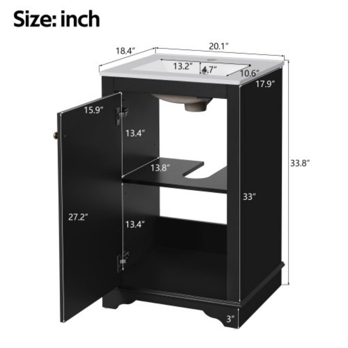 20" Bathroom Vanity with Ceramic Sink, Freestanding Bathroom Vanity Cabinet with Adjustable Shelf, Soft Close Door, Solid Wood Frame, Modern Green Vanity for Small Bathroom, Black