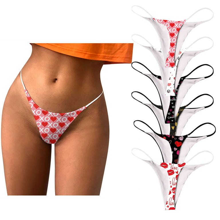 TQWQT Thong for Women Cotton Underwear Low Rise Panties Woman Love Heart  Printed G-String Thongs 6 Pcs/Set,XXL