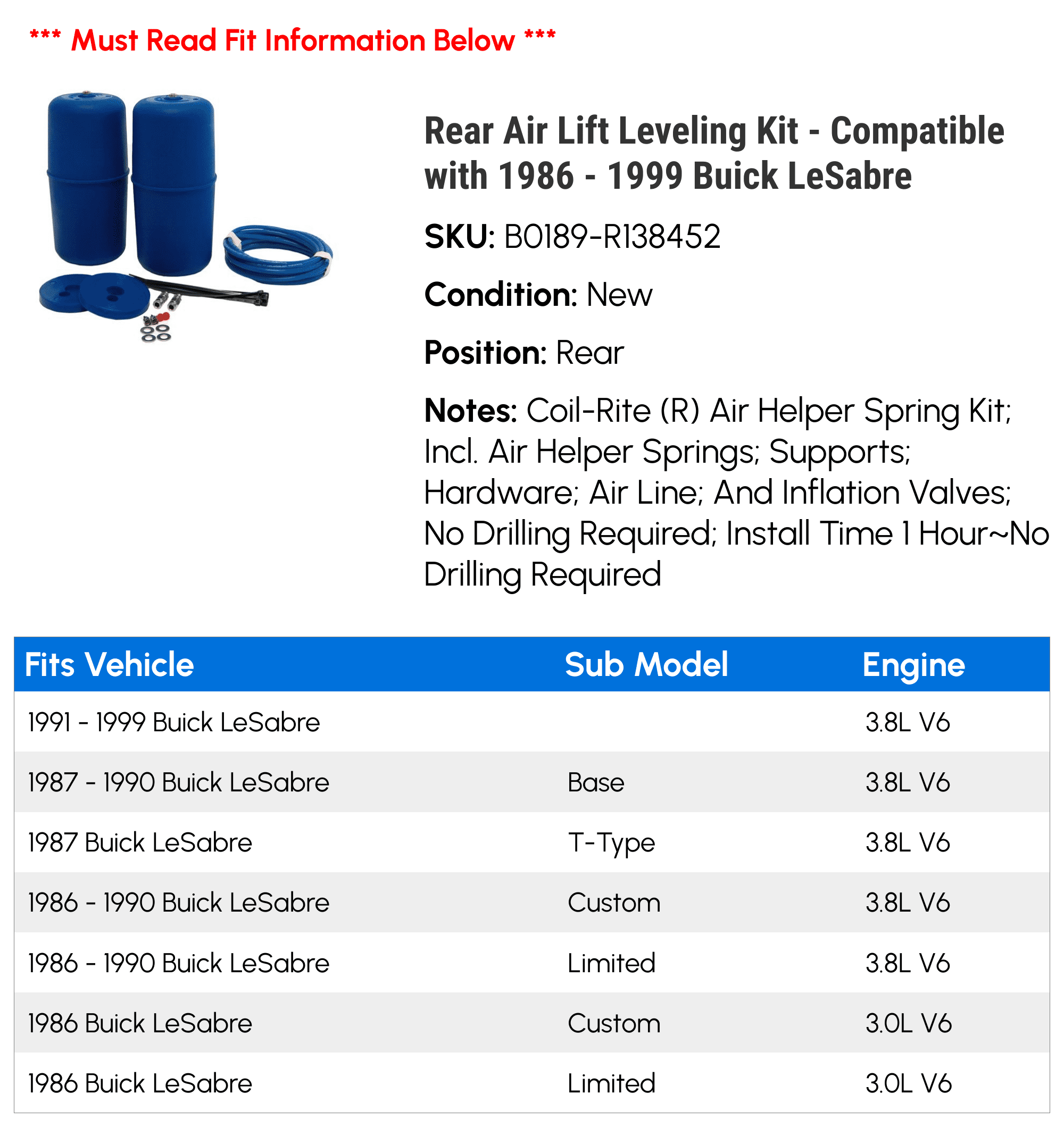Rear Air Lift Leveling Kit - Compatible with 1986 - 1999 Buick LeSabre 1987 1988 1989 1990 1991 1992 1993 1994 1995 1996 1997 1998
