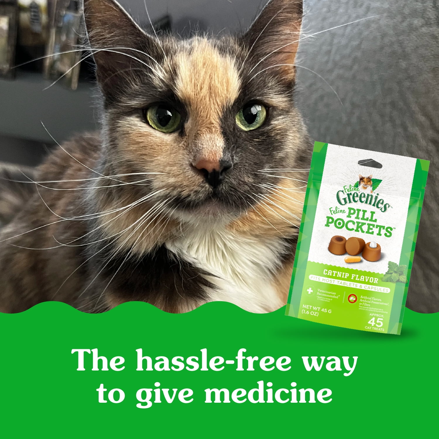 Feline Greenies Pill Pockets For Cats Natural Soft Cat Treats, Catnip Flavor, 1.6 Oz Pack (45 Treats)