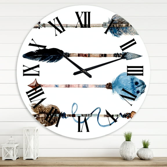 Designart 'Ethnic Feathers And Flowers On Native Arrows Iv' Bohemian & Eclectic Wall Clock