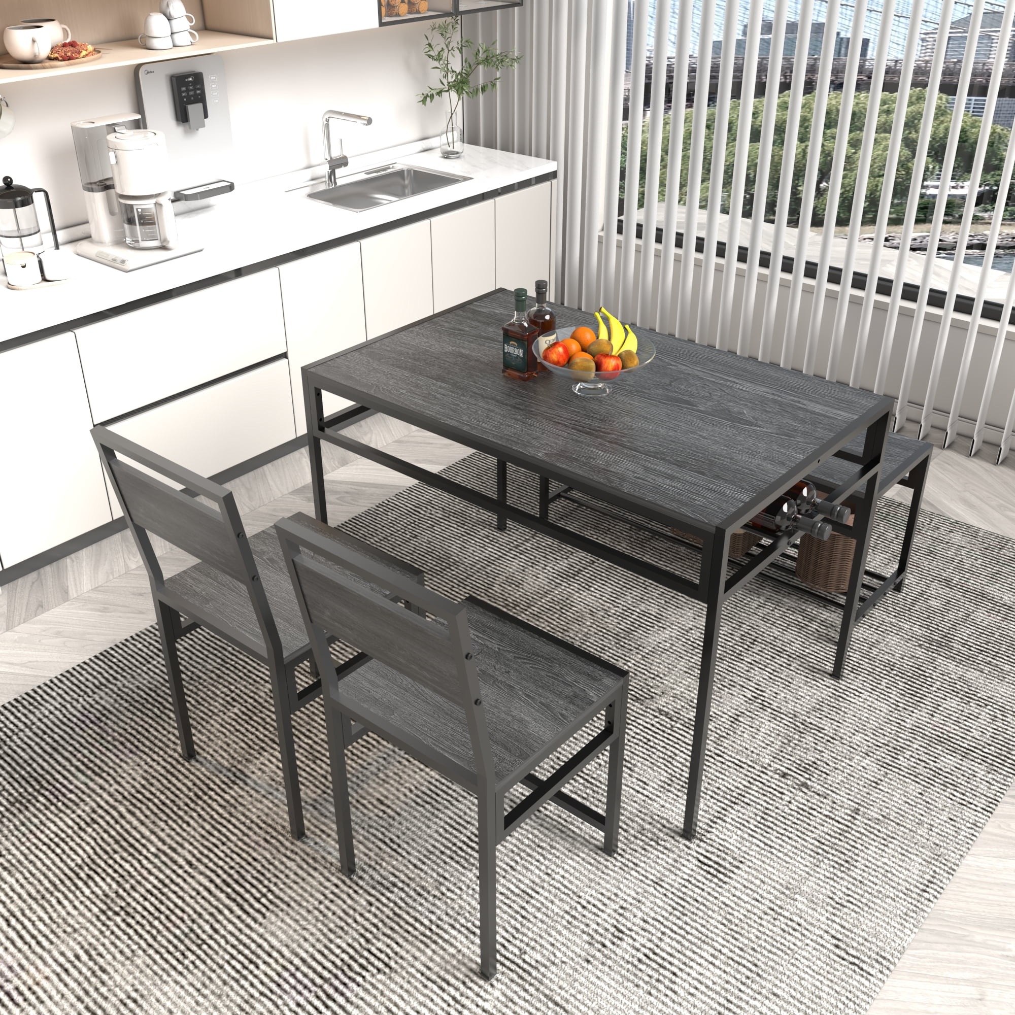 HOQBN 5 Piece Industrial Dining Table Set with 2 Dining Chairs & 1 Storage Bench,Wood Grain Rectangular Kitchen Table with Built-in Wine Rack, Metal Frame Space Saving Dinner Furniture