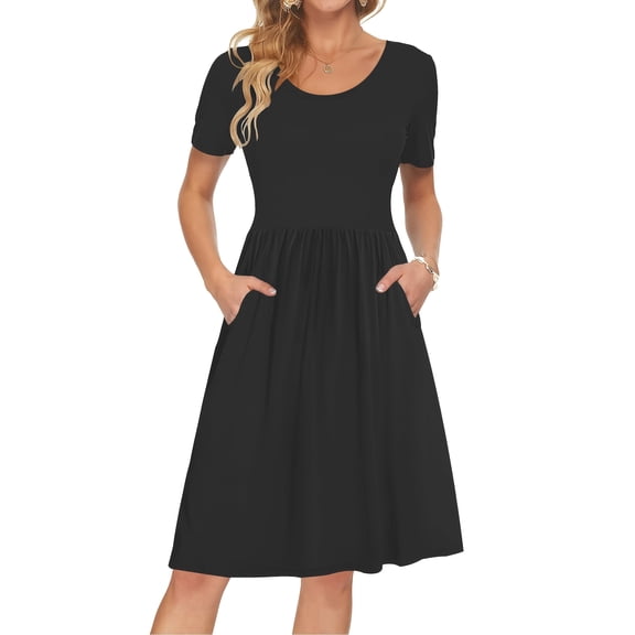 TARAINYA Summer Women Short Sleeve Empire Waistline Dress With Pockets Pleated Loose Swing Knee Length Dress Casual Floral Print Round Neck