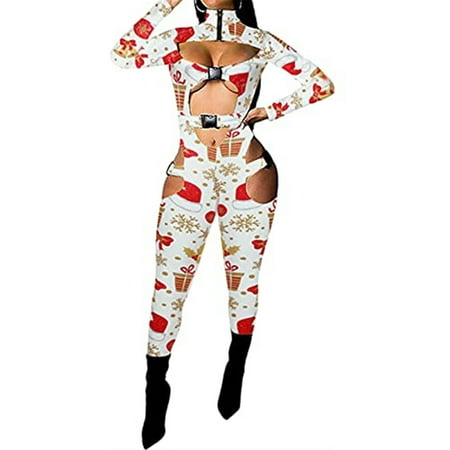 

Kiapeise Women Christmas Bodycon Pajamas Jumpsuit Buckle Long Sleeves Sexy Hollow Out Rompers