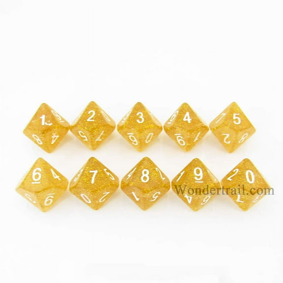 Yellow Glitter Dice with White Numbers D10 16mm (5/8in) Pack of 10 Koplow Games