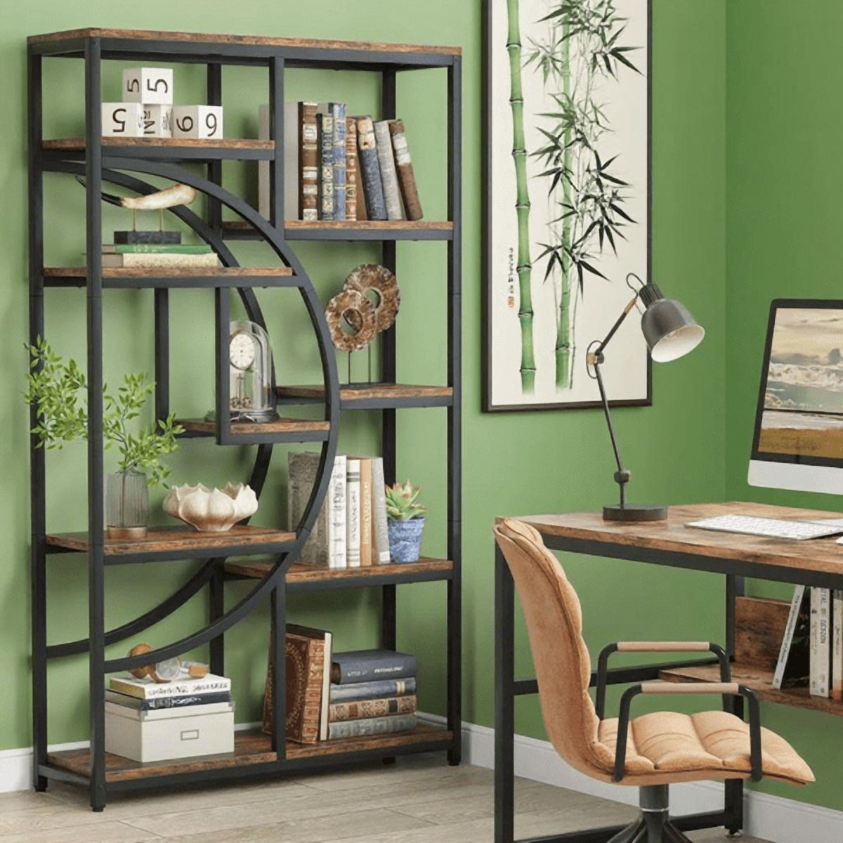 9-Tier Etagere Bookcase, Black Metal Frame with Rustic Brown Boards, Half-Moon Silhouette, Industrial Style for Living Room/Home Office