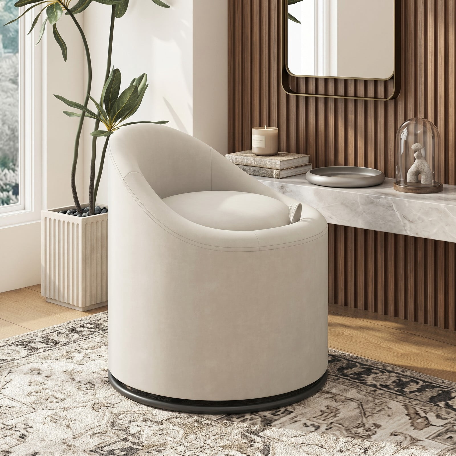 Furnibear Barrel Accent Chair with Hidden Storage, 360 Degree Swivel Upholstered Velvet Vanity Chair, Curved Back, Sturdy Metal Base, No Assembly Needed, for, Beige
