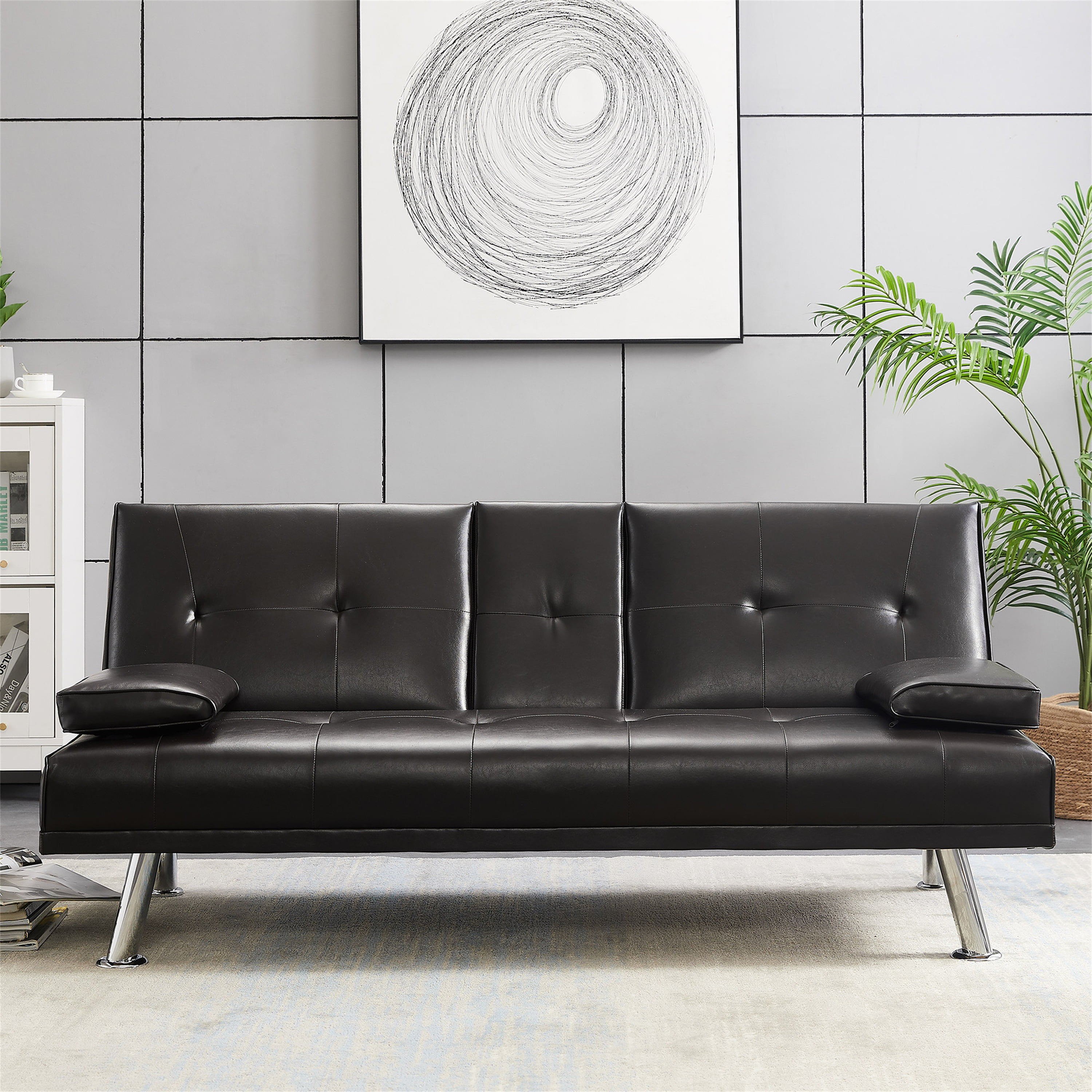 Modern Faux Leather Sofa Bed,Leather Convertible Futon