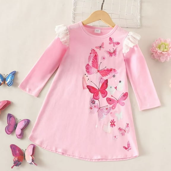 YEEDISON Kids Clothes Spring Fall Cotton Pretty Butterfly Print Lace Long Sleeve Girls Dress Children Clothes Kids Dresses for Girls 1-6Y