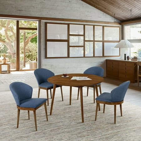 Arcadia and Juno 48" Round Blue and Walnut Wood 5 Piece Dining Set