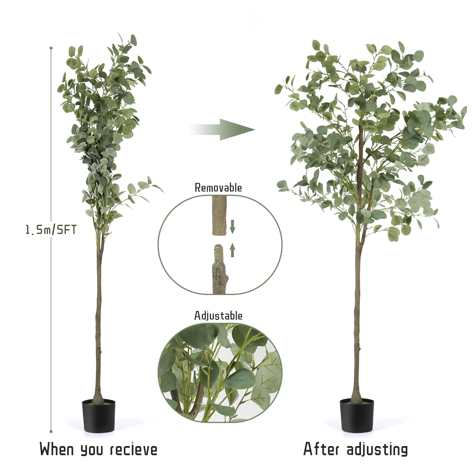 Indoor Faux Artificial Eucalyptus Tree, 5ft