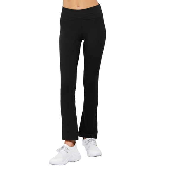 Women's Cotton Spandex Fold Over Waist Yoga Pants Full Length Flare Bottom Leggings