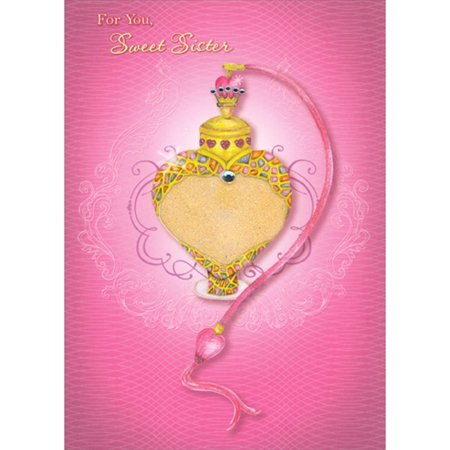 Designer Greetings Sparkling Heart Shaped Perfume Bottle with 3D Gems Hand Decorated Valentine's Day Card for Sister